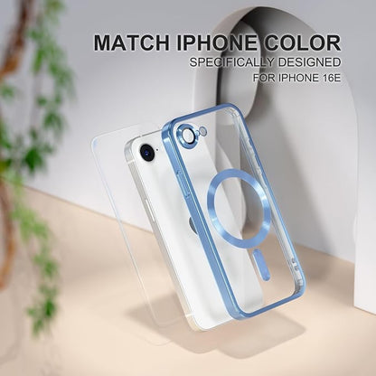 Misea Magnetic for iPhone 17e / 16e Case Compatible with MagSafe [Never Yellowing] [Military Grade Drop Protection] Full Camera Lens Protector Plating Soft Clear Phone Case for Women 6.1", Sierra Blue
