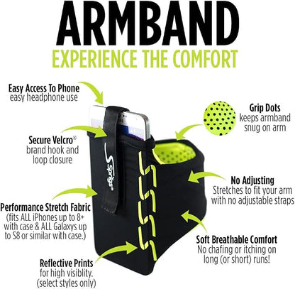 Sprigs Phone Armband Sleeve for iPhone 14, 13, 12, 11, X Galaxy Z, S22, S21, S20 Google Pixel 7, 6, 5. The Lightest & Most Comfortable Running Armband, Stretches to Fit All Phones with Case for Women & Men