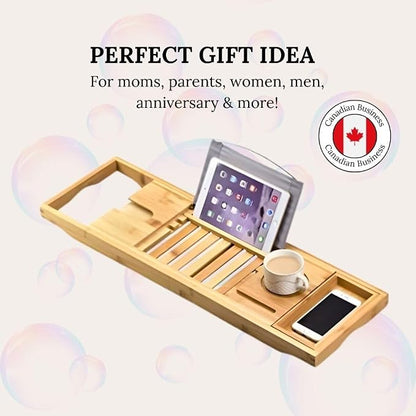 Creative Factory Luxury Bathtub Caddy Tray, Four Storage Rooms on the Board with Grey Fabric for Electronic Tablet Holder or a Book, Soap or Phone, Glass of Wine Slot (Natural Bamboo Wood Color)