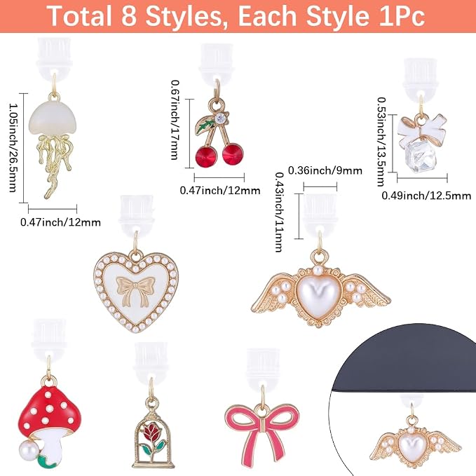 8Pcs 8 Styles Charms for Kindle Heart Bow Mushroom Cherry Flower Dust Plug Charm Compatible with Kindle E-Reader Phone Type C Charging Ports Gift for Book Lover Readers Men Women