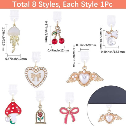 8Pcs 8 Styles Charms for Kindle Heart Bow Mushroom Cherry Flower Dust Plug Charm Compatible with Kindle E-Reader Phone Type C Charging Ports Gift for Book Lover Readers Men Women