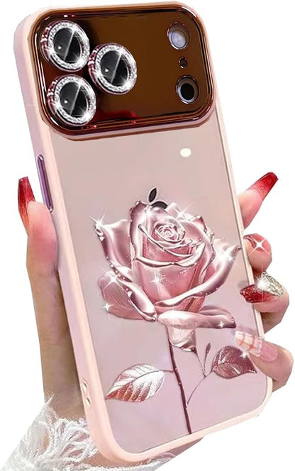 for iPhone 17 Pro Fairy Rose Clear Case,Cute Flower Floral with Glitter Bling Sparkly Camera Lens Protector TPU Bumper Shockproof Women Girls Slim Protective Case for iPhone 17 Pro 6.3", Pink