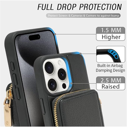 ZVE for iPhone 14 Pro Max Wallet Case Crossbody, Card Holder Zipper Phone Cover for Women RFID Blocking Wrist Strap for iPhone 14 Pro Max, 6.7 inch, 2022- Black