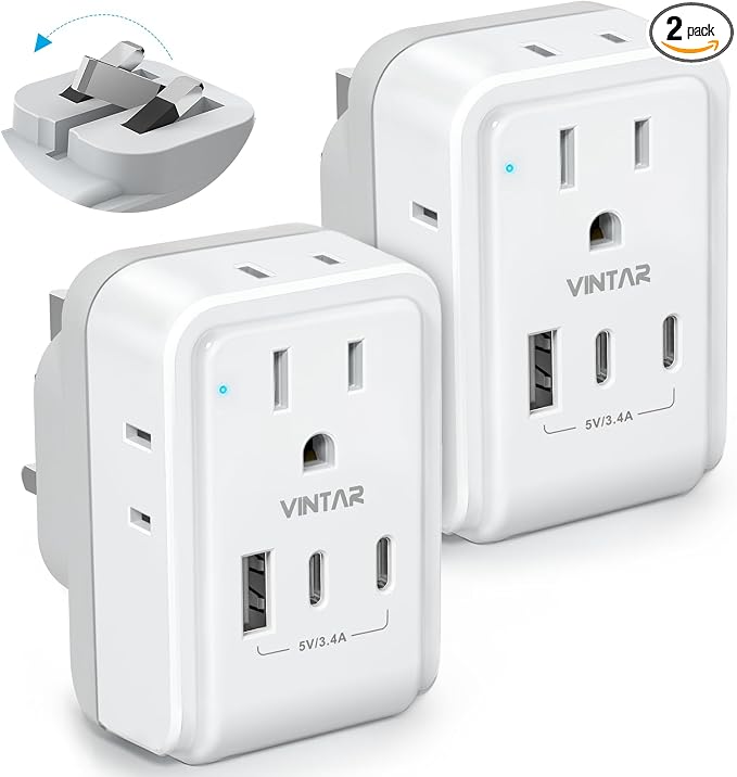 2 Pack US to UK Plug Adapter, VINTAR Foldable UK Adapters for Travel, Type G Adapter for Travel with 4 Outlets and 3 USB(2 USB C Ports) for USA to Ireland England Scotland London Dubai Singapore