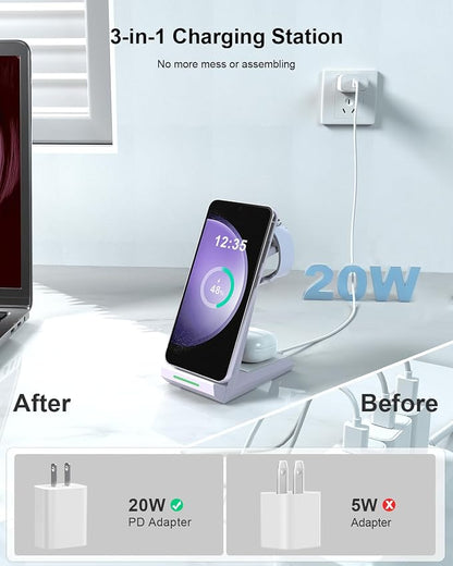Wireless Charger for Samsung - NANAMI 3 in 1 Charging Station for Multiple Devices,Fast Charger Stand Dock for Galaxy S26 S25 S24 S23 Ultra S22 S21 Z Flip Fold,Galaxy Watch 5/5 Pro/4/3,Galaxy Buds Pro