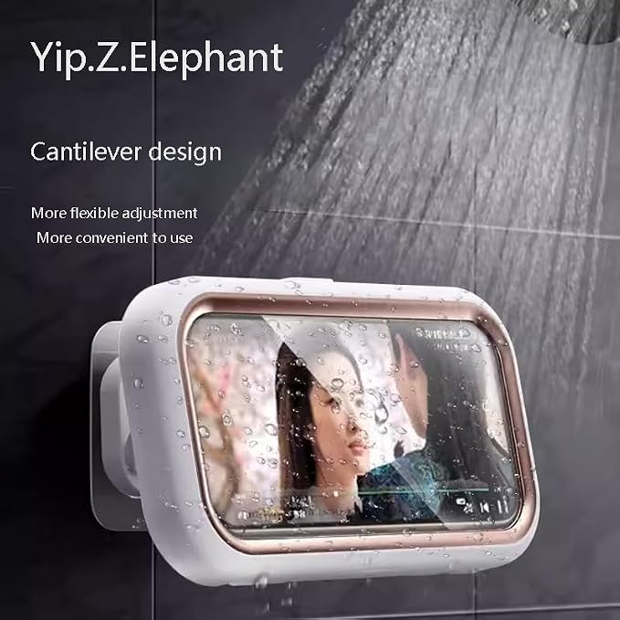 Shower Phone Holder Waterproof - 360° Bathroom Wall Phone Mount Stand Water Proof Anti Fog Case, Suitable for Phones Under 7 inches (Gold White)