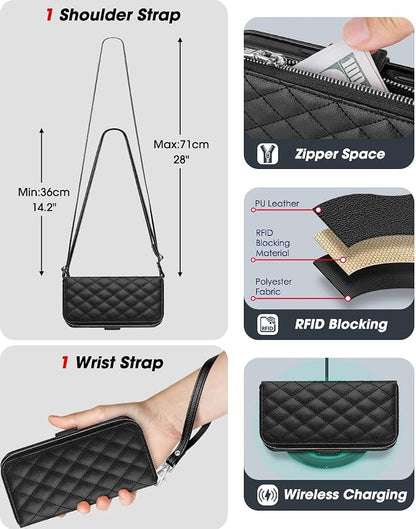 OCASE for iPhone 17 Pro Max Crossbody Wallet Case - Stylish PU Leather Handbag Phone Purse with Zipper Closure, Card Slots & RFID Blocking - Wrist Strap, Lanyard, Kickstand - Diamond Check Black