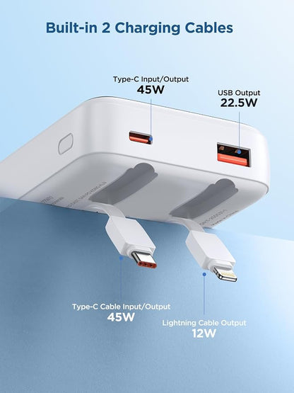 Aioneus Power Bank Fast Charging 20000mAh, 45W Portable Charger with Built-in Cables, 4-in-1 Battery Pack with LED Display for iPhone, Samsung Galaxy, iPad, MacBook Air, Travel