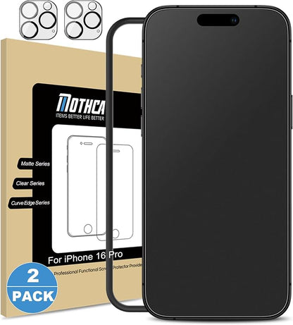 Mothca 2 Pack Matte Glass Screen Protector for iPhone 16 Pro [6.3 inch] + 2 Pack Camera Lens Protector, Anti-Glare & Anti-Fingerprint (Not Privacy Film) Tempered Glass, Bubble Free, Smooth as Silk