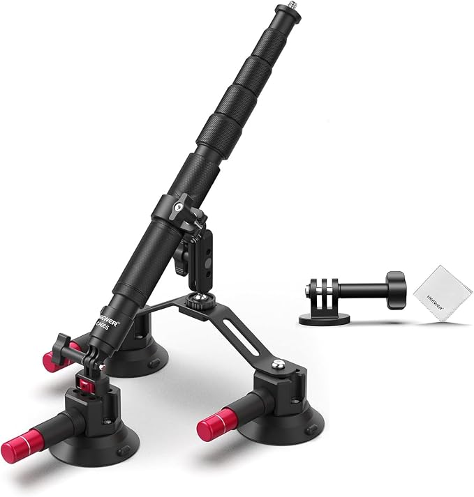 NEEWER Triple Suction Cup Car Mount Kit with 2in1 Extension Pole/Selfie Stick, Quick Release Outside Windshield Magic Arm Camera Mount Compatible with Insta360 Action Cam, Cleaning Cloth, CA065