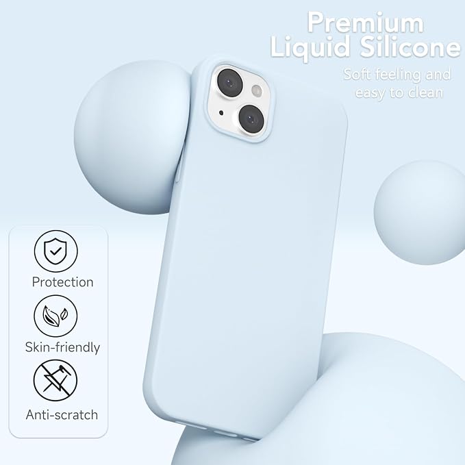 for iPhone 15 Plus/ 14 Plus Case Silicone Compatible with Magsafe Case, Ultra Slim Thin Magnetic Phone Cases Mag Safe, Cute Soft Rubber Gel Matte Wireless Charging Cover for Women, Light Blue