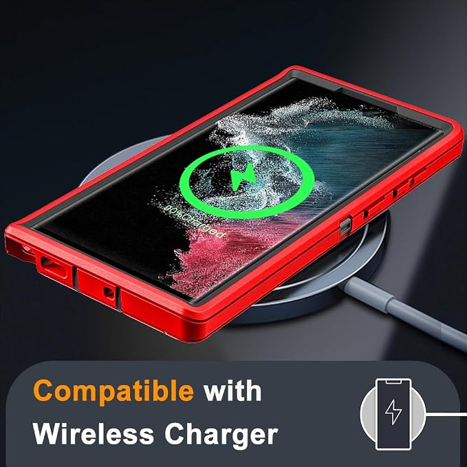 for Samsung Galaxy S22 Ultra Case with 2Pcs Self Healing Flexible TPU Screen Protector & Camera Lens Protector, 3 in 1 Heavy Duty Shockproof/Drop Proof/Dust Proof Case (Red/Black)