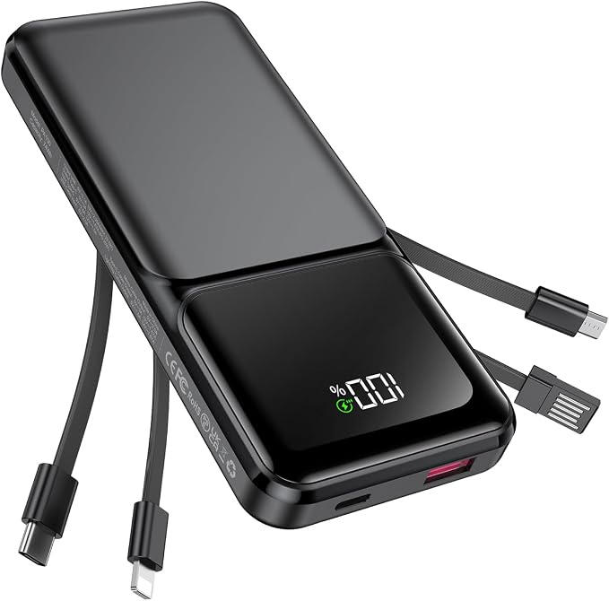 RONEGN Portable Charger with Built in Cable -20000mAh Fast Charging Power Bank USB C Slim 22.5W LED Display Battery Pack 5 Outputs & 3 Inputs for Travel Essentials iPhone Samsung Phones Black