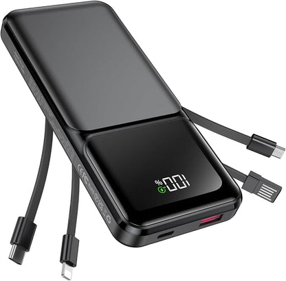 RONEGN Portable Charger with Built in Cable -20000mAh Fast Charging Power Bank USB C Slim 22.5W LED Display Battery Pack 5 Outputs & 3 Inputs for Travel Essentials iPhone Samsung Phones Black