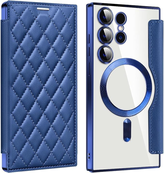 Leather Case for Samsung Galaxy S25 Ultra/S25 Plus/S25, RFID Blocking Flip Case Wireless Charging Magnetic with Card Holder Phone Cover (Blue,S25 Ultra)