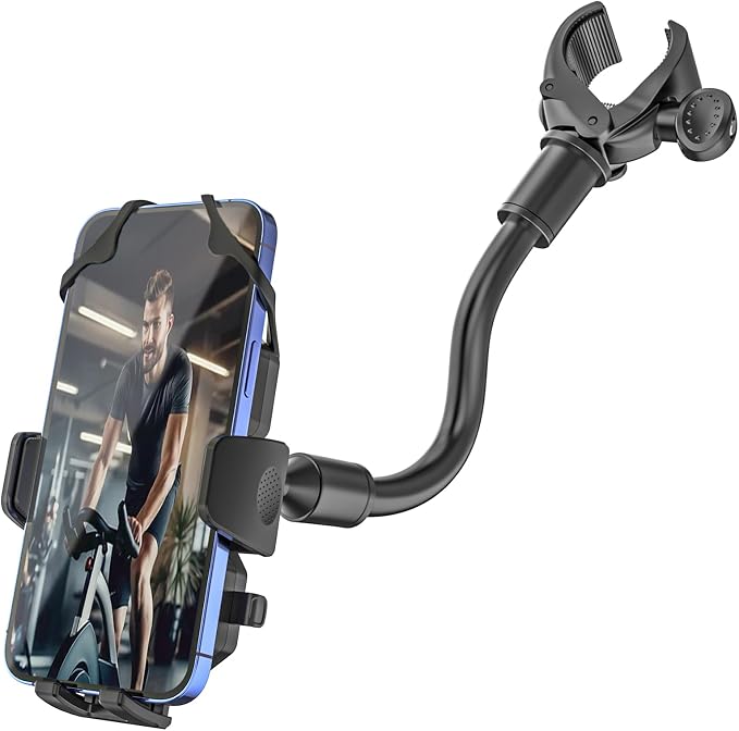 Gooseneck Bike Phone Holder Handlebar Clamp for Treadmill, Peloton, Spin Bike, Wheelchair, Bicycle, Stroller, Bike Phone Mount for iPhone 16 Pro Max, 15 14 13 Mini, 4-7" Smartphone