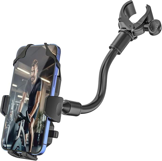 Gooseneck Bike Phone Holder Handlebar Clamp for Treadmill, Peloton, Spin Bike, Wheelchair, Bicycle, Stroller, Bike Phone Mount for iPhone 16 Pro Max, 15 14 13 Mini, 4-7" Smartphone