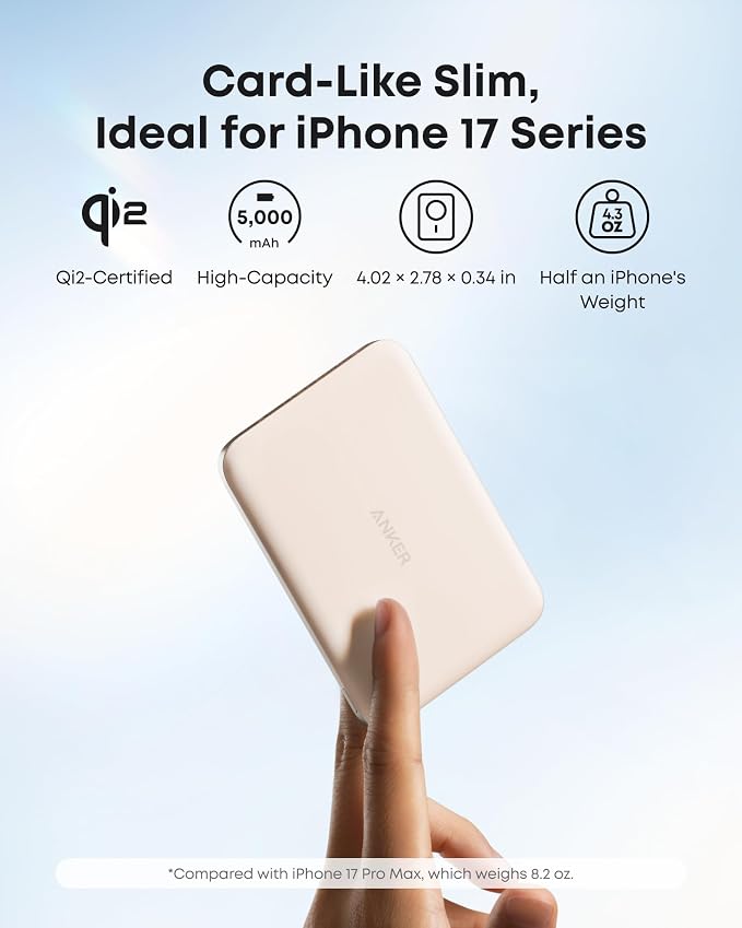 Anker Nano MagSafe Power Bank, Ultra-Slim 5,000mAh Magnetic Wireless Charging Battery, Qi2 Certified 15W Max MagSafe-Compatible Portable Charger, Ergonomic Design, for iPhone Air/17/16 Series