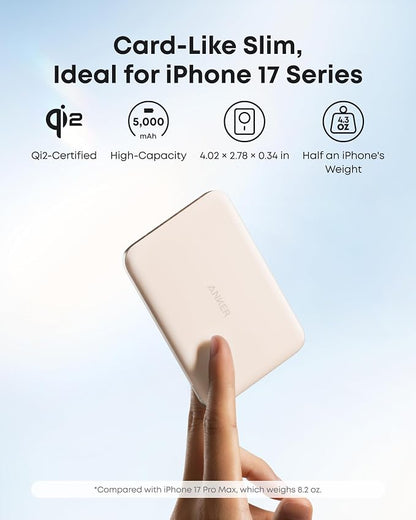 Anker Nano MagSafe Power Bank, Ultra-Slim 5,000mAh Magnetic Wireless Charging Battery, Qi2 Certified 15W Max MagSafe-Compatible Portable Charger, Ergonomic Design, for iPhone Air/17/16 Series