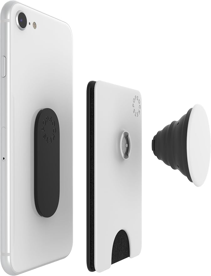 PopSockets Adhesive Phone Wallet and Card Holder with Grip, White - White Black