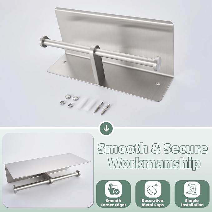 Double Toilet Paper Holder with Shelf Brushed Nickel, APLusee SUS 304 Stainless Steel Contemporary Tissue Roll Holder Mobile Phone Storage Rack