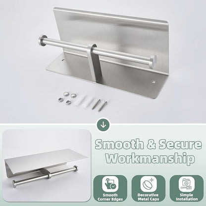Double Toilet Paper Holder with Shelf Brushed Nickel, APLusee SUS 304 Stainless Steel Contemporary Tissue Roll Holder Mobile Phone Storage Rack