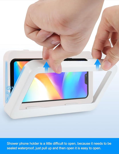 KUNSLUCK Shower Phone Holder, Waterproof Anti-Fog Touch Screen Case, Wall Mount for Bathroom Mirror Bathtub, Compatible with 4.7"-6.8" Mobile Phones (White)