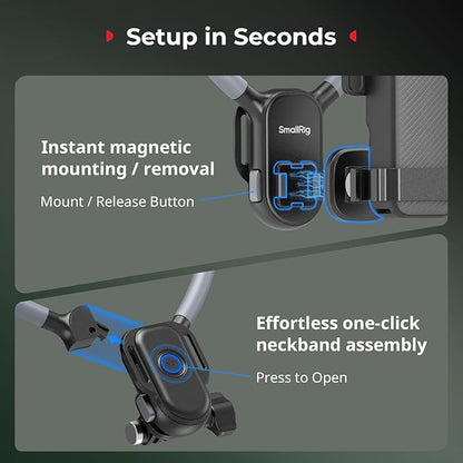 SMALLRIG Magnetic Neck Mount for DJI Pocket 3/OSMO 360/Nano/Action 6/5 Pro/4, for GoPro Hero 13/12/11/10, for Insta 360 X5/X4/X3/Ace Pro 2, Action Camera Chest Mount for Hands-Free POV Vlogging-5567