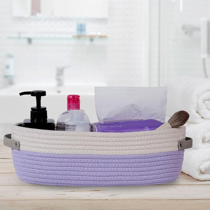 Cotton Rope Woven Basket Toilet Paper Baskets for Organizing Decorative Basket for Boho Decor Small Storage Basket Gift Baskets 13"x5.9"x4" Purple