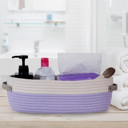 2 Pack Small Cotton Rope Woven Basket Toilet Paper Baskets for Organizing Decorative Baskets for Boho Decor Small Storage Basket 13"x5.9"x4" Purple