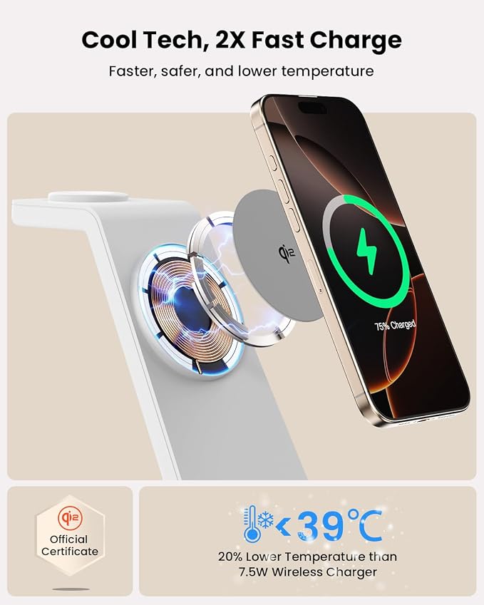Magsafe Wireless Charging Station for iPhone: Qi2 Certified 15W Fast Charging Station, 3 in 1 Magnetic Charger Stand for iPhone 17/16/15/14/13/12 Series, Apple Watch, AirPods 4/3/Pro