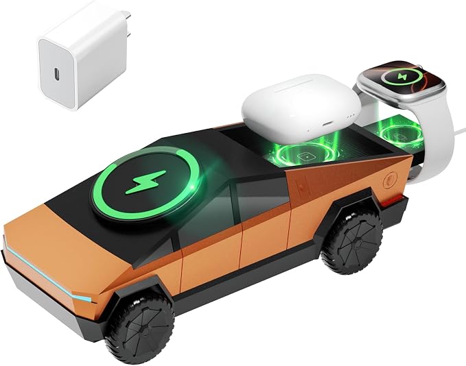CyberDock 3-in-1 Wireless Charging Station, Cybertruck 1:25 Scale Charger with Qi2 Certified 15W Charging for iPhone iWatch AirPods, Magnetic Rotating Charger with Ambient Light, 30W Adapter, Orange