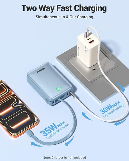 Hichain Portable Charger 35W 20000mAh Power Bank with LED Display Blue | Fast Charging Portable charger Power Bank for iPhone 17/16/15/14/13, iPad, Android,Battery Pack Built Dual Cables & 4 Outputs