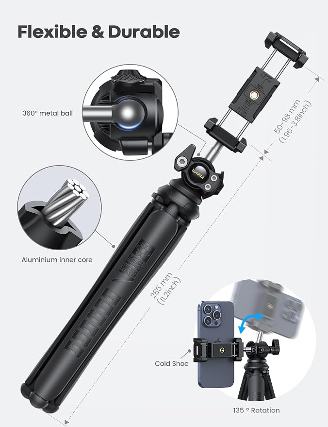 Lamicall Tripod for iPhone - [Ultra-Stable] Aluminium Phone Tripod with Wireless Remote, Flexible Camera Tripod Stand Cold Shoe for Video Recording Selfie for iPhone Samsung GoPro DSLR Digital Camera