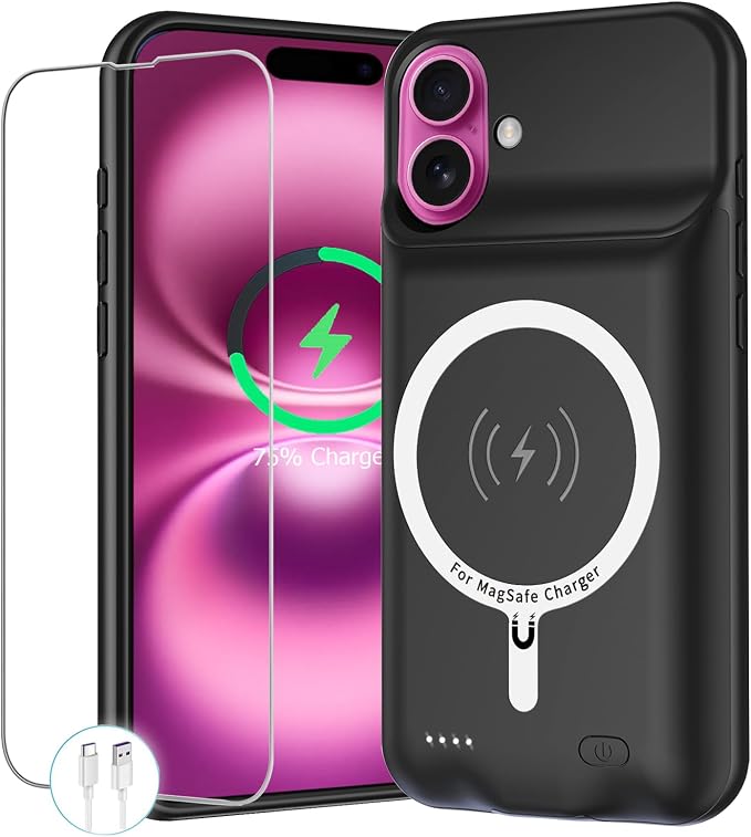 Battery Case for iPhone 16 Plus, 12000mAh Portable Protective Charging Case with Wireless Charging Compatible with iPhone 16 Plus (6.7 inch) Rechargeable Battery Pack Charger Case with Carplay (Black)