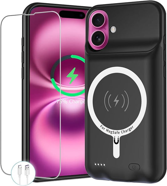 Battery Case for iPhone 16 Plus, 12000mAh Portable Protective Charging Case with Wireless Charging Compatible with iPhone 16 Plus (6.7 inch) Rechargeable Battery Pack Charger Case with Carplay (Black)