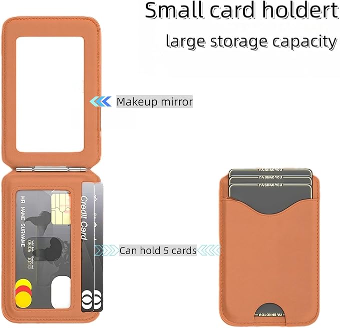 Upgraded for Magsafe Wallet, Strong Magnetic Phone Wallet with Adjustable Stand, Built in Makeup Mirror, 5 Card Holder, Rfid Blocking(Brown fold)