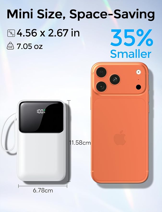 Power Bank, 15000mAh Portable Charger with Built in Cable, 22.5W Fast Charging, 6 Outputs, Slim Travel Essential Battery Pack with LED Display, Compatible with iPhone 17/16/15/14/13, iPad Pure White