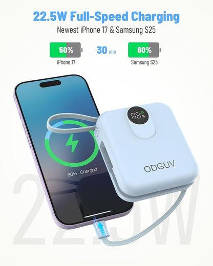 Small Portable Charger with Built-in Cables,22.5W Fast Charging Power Bank,USB-C Mini Battery Pack 10000mAh,Travel Essential Powerbank for iPhone Samsung Android iPad MacBook,Blue