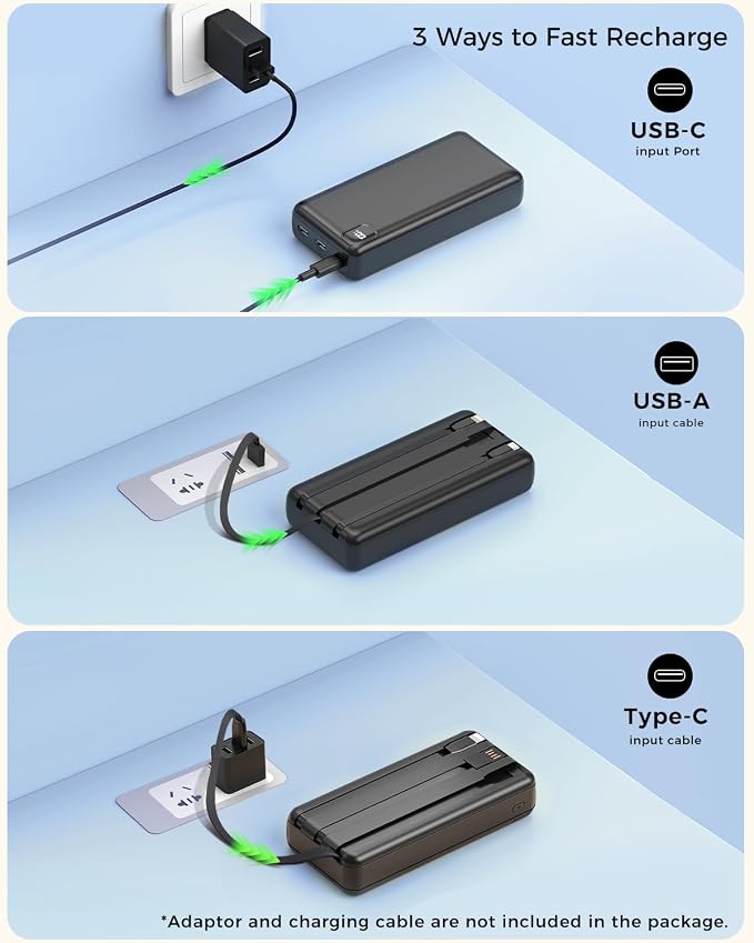 50000mAh Portable Charger, PD 22.5W Fast Charging Power Bank with Built in Cables, USB-C External Battery Pack for iPhone 17 16 15 14 Samsung Pixel Android iPad
