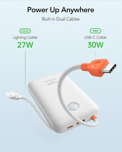 VIYISI Portable Charger 20000mAh 30W Fast Charging with Built-in 2 Cables | USB C & Lighting Cables, White Aesthetic Power Bank Compatible with iPhone 17 16 15 Pro Max, Samsung iPad, Travel