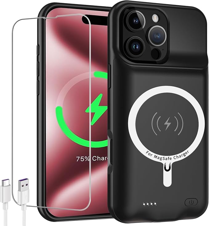 Battery Case for iPhone 16 Pro Max, 12000mAh Rechargeable Portable Protective Extended Charger Case Wireless Charging Compatible with iPhone 16 Pro Max (6.9 inch) - Black