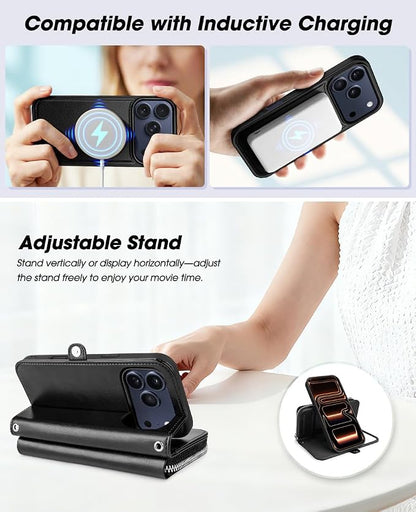 OCASE for iPhone 17 Pro Max Crossbody Detachable Wallet Case, PU Leather Handbag Phone Purse with Zipper Closure, Card Slots & RFID Blocking, Wrist Strap, Lanyard, Kickstand, Black