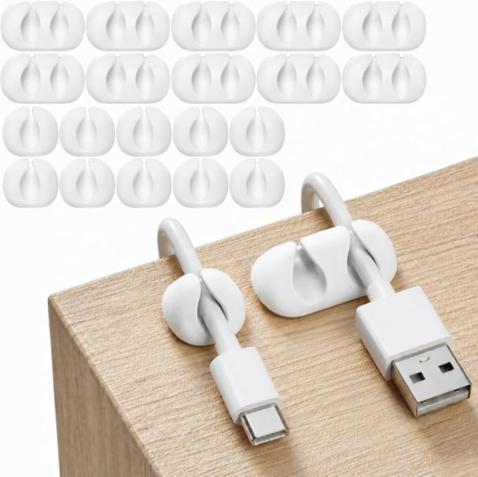 GLUIT Cord Organizer for Desk, Cable Holder for Nightstand, Charger Organizer, Adhesive Desktop Wire Clips, Multislot Cable Management, Table Organizer Accessories (White, 20 Pack, 30 Slots)