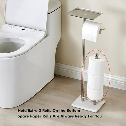 Toilet Paper Holder with Tray at The Top, Sturdy Marble Base No Wobby, Holding Extra 3 Toilet Paper Rolls As Spare Use, Freestanding No Drilling (Brushed Nickel)