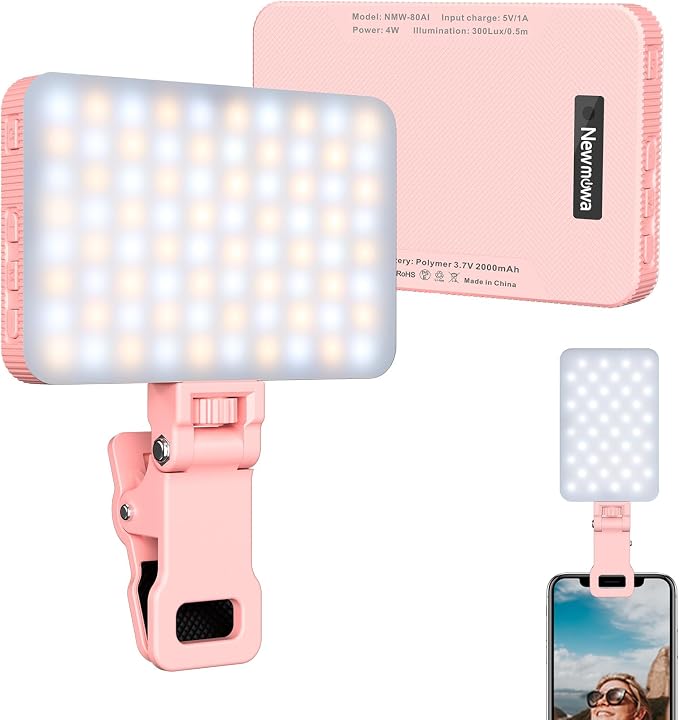 Newmowa Pink Rechargeable Selfie Light - Portable Clip-on Video Light for Phone/Laptop/Camera With Smart Sensor, 3 Modes, 2000mAh Battery for Selfie/Makeup/Video Conference/TikTok