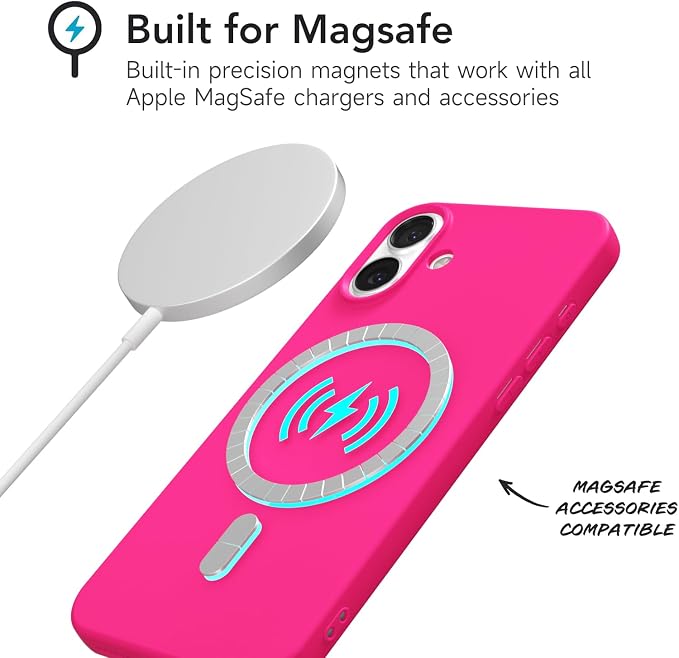 for iPhone 16 Case Silicone Compatible with Magsafe Case, Ultra Slim Thin Magnetic Phone Cases Mag Safe, Cute Soft Rubber Gel TPU Matte Plain Wireless Charging Cover for Women, Hot Pink