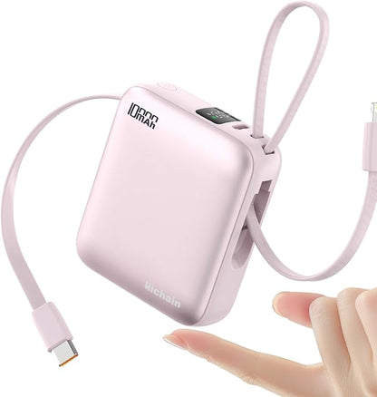 10000mAh Small Portable Charger with Built in Cables LED Display Pink | Mini Power Bank 22.5W USB-C Fast Charging Battery Pack, Travel Essential Power Bank for iPhone, iPad, Samsung, Android