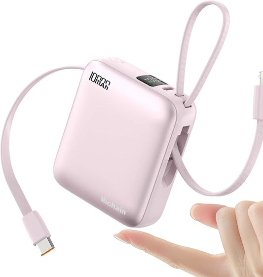 10000mAh Small Portable Charger with Built in Cables LED Display Pink | Mini Power Bank 22.5W USB-C Fast Charging Battery Pack, Travel Essential Power Bank for iPhone, iPad, Samsung, Android