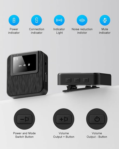 3-in-1 Compact Wireless Microphone for iPhone, Android, Camera with 20HR Battery, 328FT Range, Mini Microphone for Video Recording, Noise Canceling for Content Creators